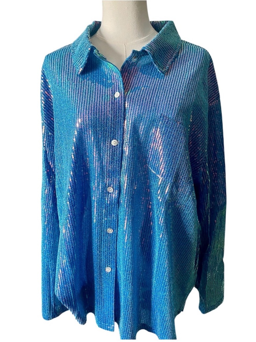 POL Sequin Long Sleeve Top – Blue Ocean (Large) New - Picture 2 of 11